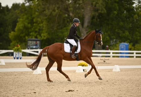 Mackenzie riding Pitching Fast, a chestnut OTTB, in a dressage test at the Retired Racehorse Project Makeover, 2023