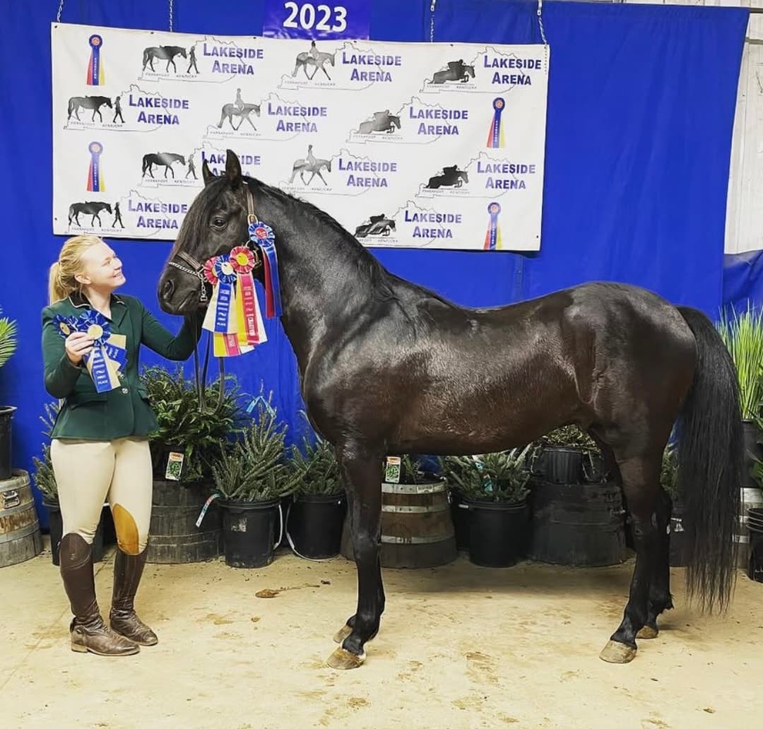 Mackenzie holding championship ribbons next to Smokey at Lakeside Arena, 2023
